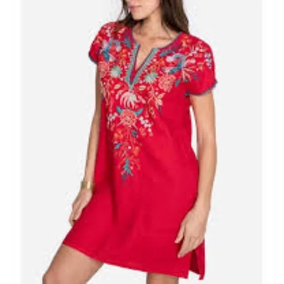Johnny Was Ariel Easy Tunic Linen Red Short Sleeve Dress Size: XX-Small