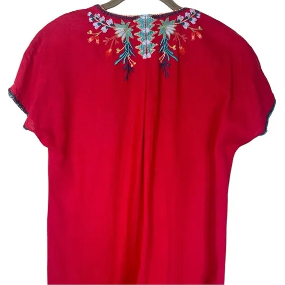 Johnny Was Ariel Easy Tunic Linen Red Short Sleeve Dress Size: XX-Small