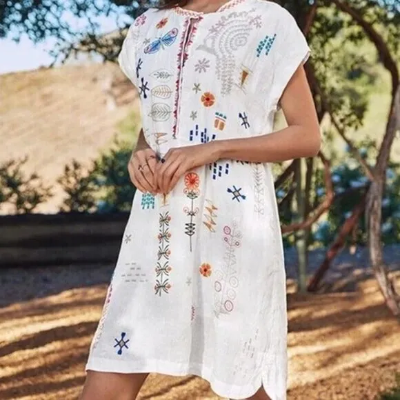 Johnny Was BIYA Elektra Mini Dress Floral Embroidery Linen Natural White Size S