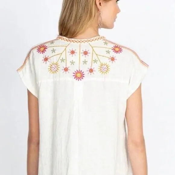 Johnny Was BIYA Elektra Mini Dress Floral Embroidery Linen Natural White Size S