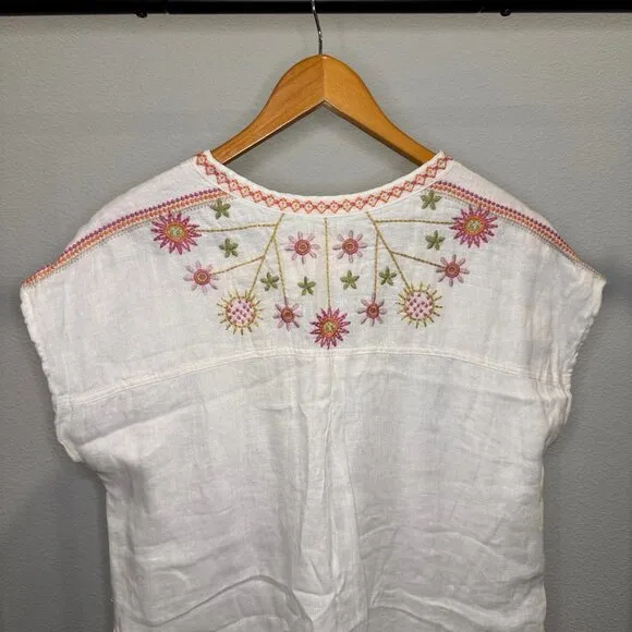 Johnny Was BIYA Elektra Mini Dress Floral Embroidery Linen Natural White Size S