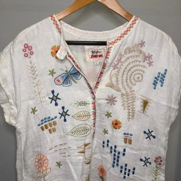 Johnny Was BIYA Elektra Mini Dress Floral Embroidery Linen Natural White Size S