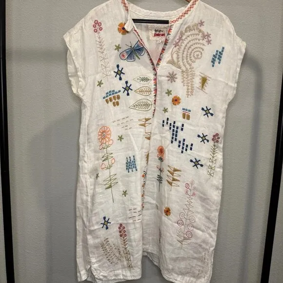 Johnny Was BIYA Elektra Mini Dress Floral Embroidery Linen Natural White Size S