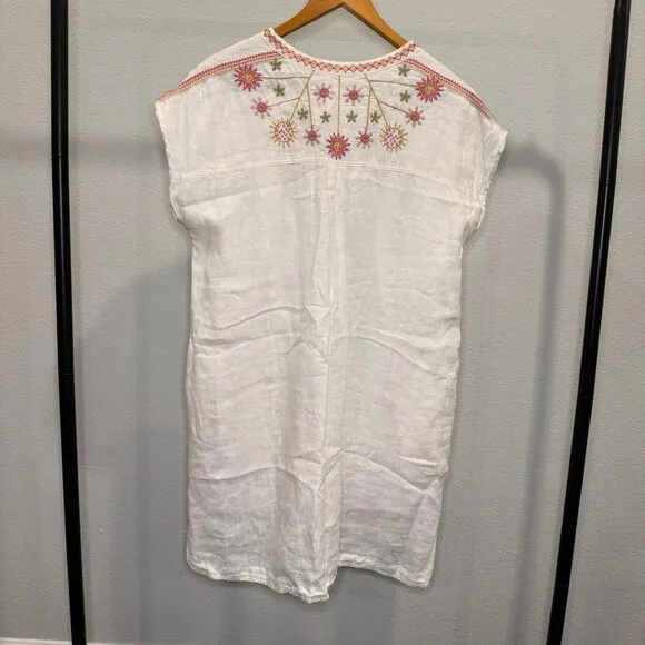 Johnny Was BIYA Elektra Mini Dress Floral Embroidery Linen Natural White Size S