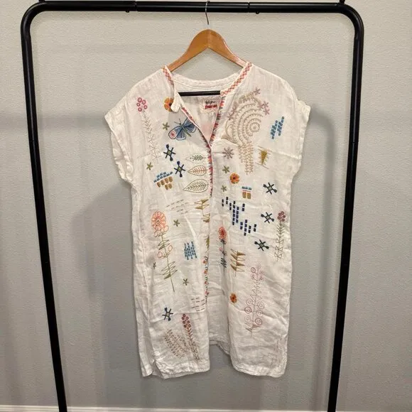 Johnny Was BIYA Elektra Mini Dress Floral Embroidery Linen Natural White Size S