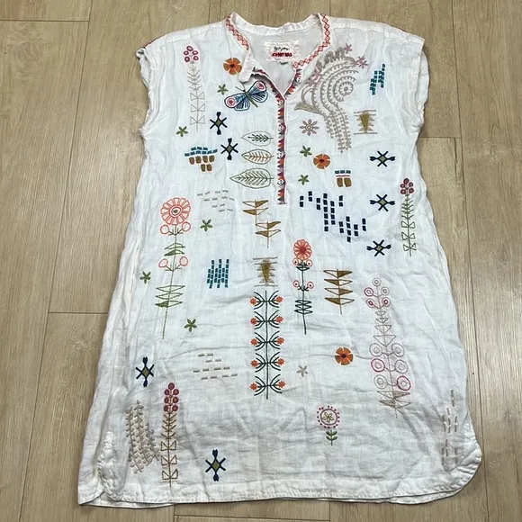 Johnny Was BIYA Elektra Mini Dress Floral Embroidery Linen Natural White Size XS