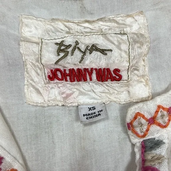 Johnny Was BIYA Elektra Mini Dress Floral Embroidery Linen Natural White Size XS