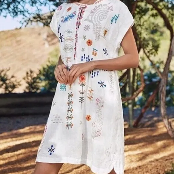 Johnny Was BIYA Elektra Mini Dress Floral Embroidery Linen Natural White Size XS