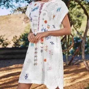 Johnny Was BIYA Elektra Mini Dress Floral Embroidery Linen Natural White Size XS