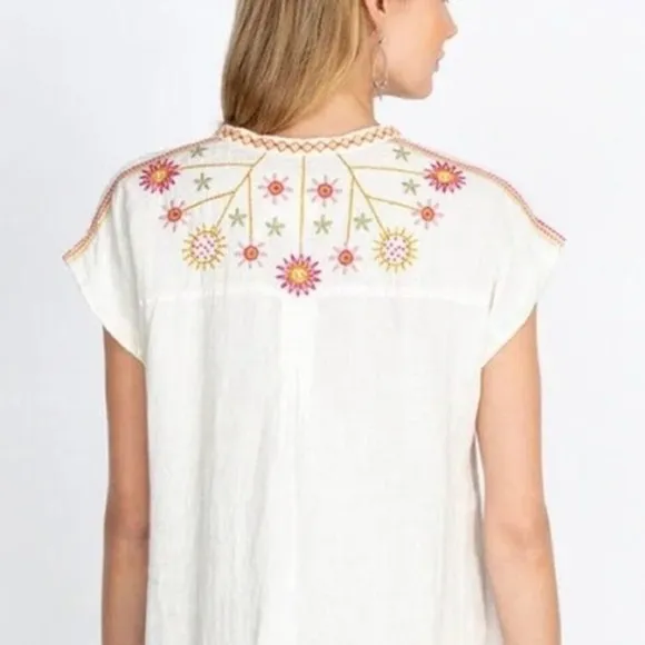 Johnny Was BIYA Elektra Mini Dress Floral Embroidery Linen Natural White Size XS