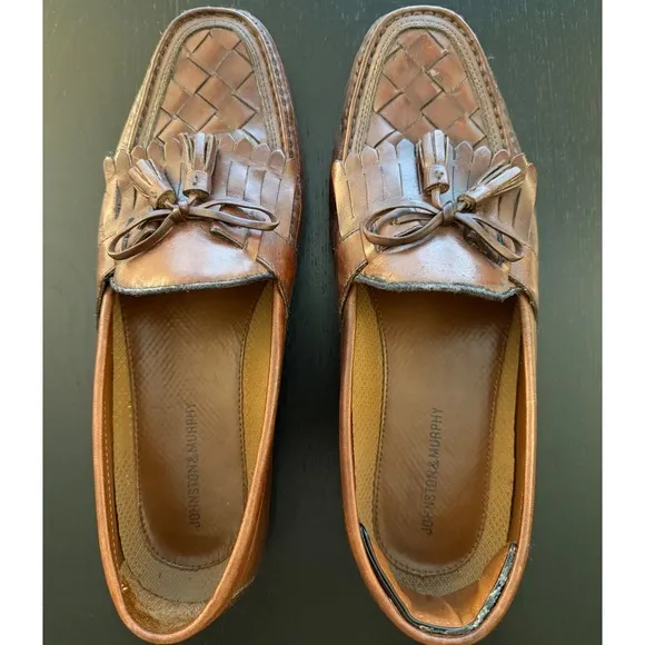 Johnston &amp; Murphy Loafers Mens 12M Brown Leather Basket Weave Slip-On Shoes