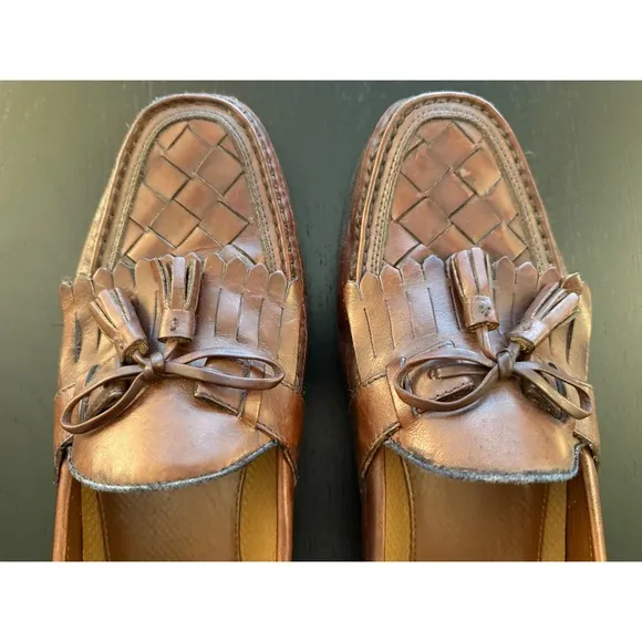 Johnston &amp; Murphy Loafers Mens 12M Brown Leather Basket Weave Slip-On Shoes