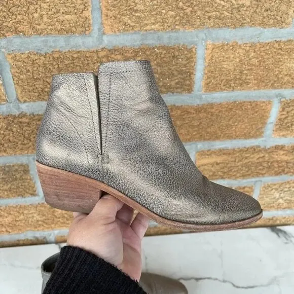 Joie Leather Metallic Gold Wood Stacked Block Heel Point Toe Ankle Boots Sz 37.5