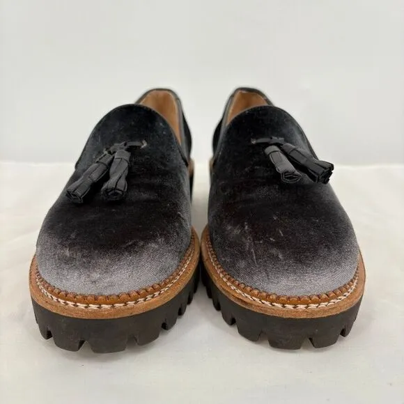 Jon Josef Gogo Gray Velvet Tassel Loafers, Size 37 EU (7 US), Old Money Academia