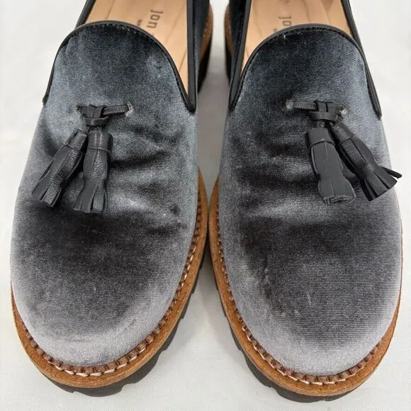 Jon Josef Gogo Gray Velvet Tassel Loafers, Size 37 EU (7 US), Old Money Academia