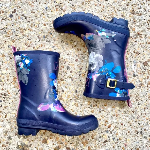 Joules Molly Welly Navy Blue Floral Mid-Calf Rubber Rain Boots Size 7