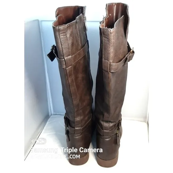 Journee Collection Womens Size 7.5 Boots Brown Wide Calf Riding Zip Buckle Strap