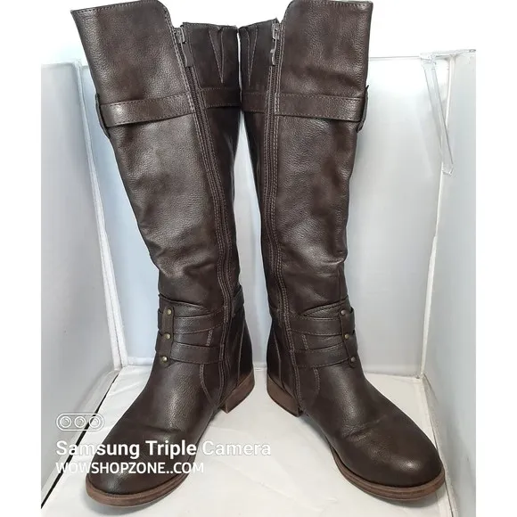 Journee Collection Womens Size 7.5 Boots Brown Wide Calf Riding Zip Buckle Strap