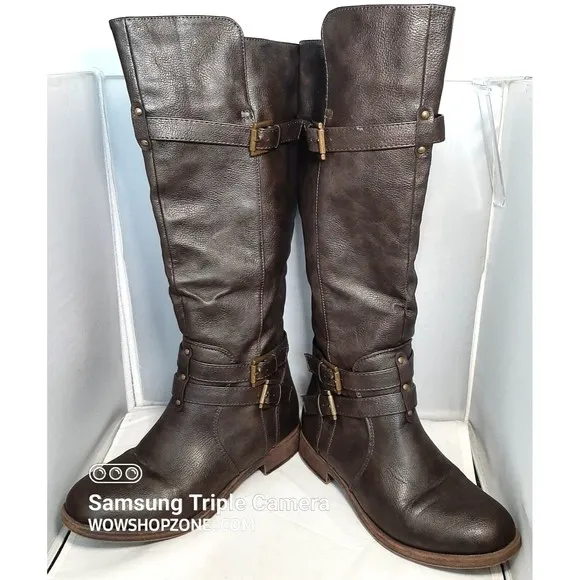 Journee Collection Womens Size 7.5 Boots Brown Wide Calf Riding Zip Buckle Strap