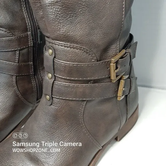 Journee Collection Womens Size 7.5 Boots Brown Wide Calf Riding Zip Buckle Strap