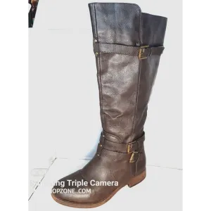 Journee Collection Womens Size 7.5 Boots Brown Wide Calf Riding Zip Buckle Strap
