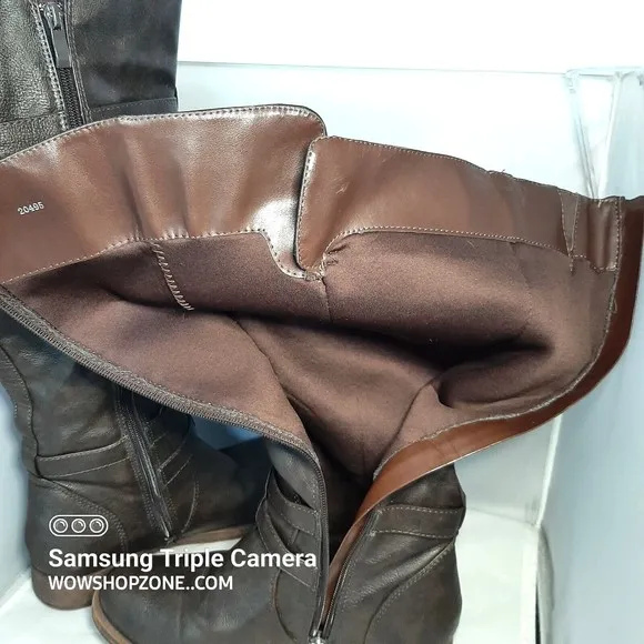 Journee Collection Womens Size 7.5 Boots Brown Wide Calf Riding Zip Buckle Strap