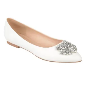 Journee Women's Faux Leather Pointed Toe Jeweled Ballet Flats Ivory Size 8