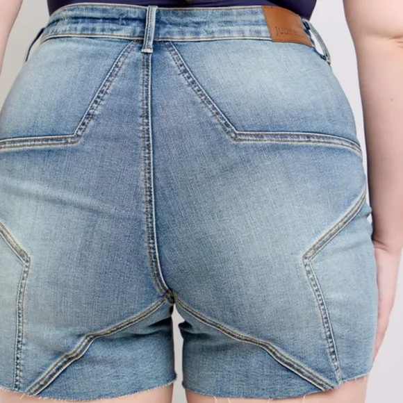 Judy Blue Embroidered Star High Rise Distressed Denim Mid-length Jean Shorts