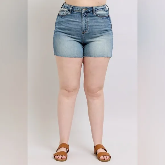Judy Blue Embroidered Star High Rise Distressed Denim Mid-length Jean Shorts
