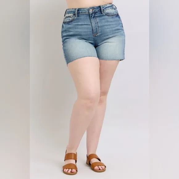 Judy Blue Embroidered Star High Rise Distressed Denim Mid-length Jean Shorts