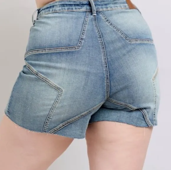 Judy Blue Embroidered Star High Rise Distressed Denim Mid-length Jean Shorts