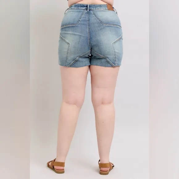 Judy Blue Embroidered Star High Rise Distressed Denim Mid-length Jean Shorts