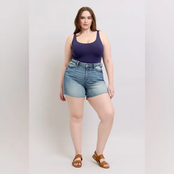 Judy Blue Embroidered Star High Rise Distressed Denim Mid-length Jean Shorts