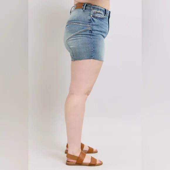 Judy Blue Embroidered Star High Rise Distressed Denim Mid-length Jean Shorts