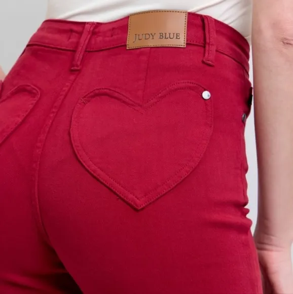 Judy Blue Heart Pocket High-Rise Waist Straight Leg Slim Jeans Red Denim Pants