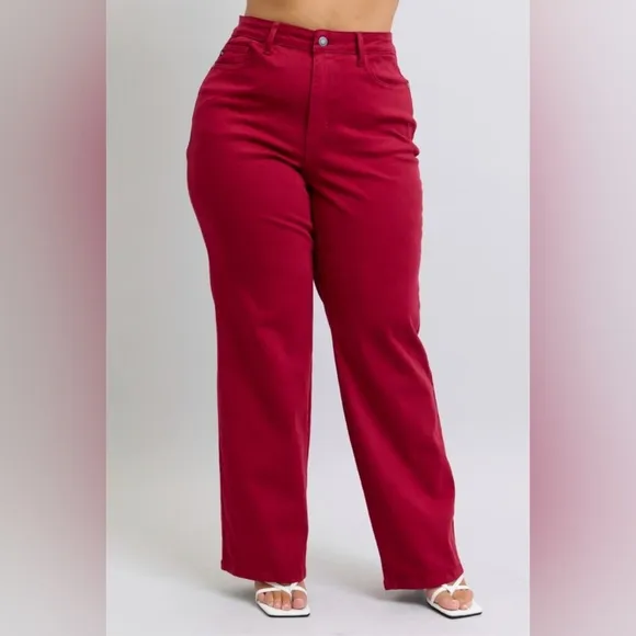 Judy Blue Heart Pocket High-Rise Waist Straight Leg Slim Jeans Red Denim Pants