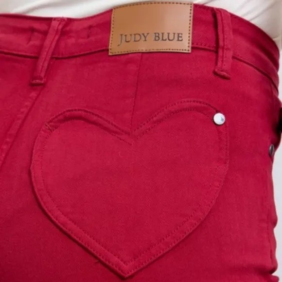 Judy Blue Heart Pocket High-Rise Waist Straight Leg Slim Jeans Red Denim Pants