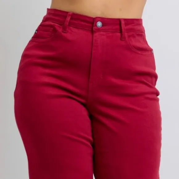 Judy Blue Heart Pocket High-Rise Waist Straight Leg Slim Jeans Red Denim Pants
