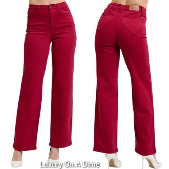 Judy Blue Heart Pocket High-Rise Waist Straight Leg Slim Jeans Red Denim Pants