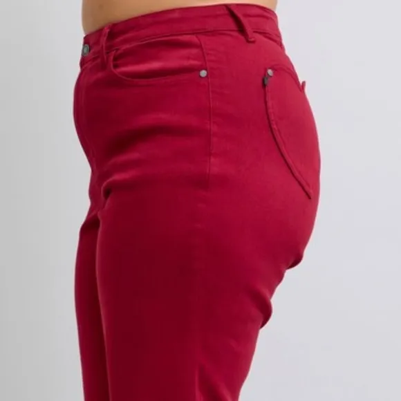 Judy Blue Heart Pocket High-Rise Waist Straight Leg Slim Jeans Red Denim Pants