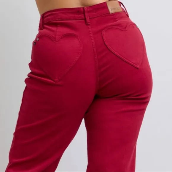 Judy Blue Heart Pocket High-Rise Waist Straight Leg Slim Jeans Red Denim Pants
