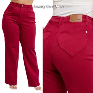 Judy Blue Heart Pocket High-Rise Waist Straight Leg Slim Jeans Red Denim Pants