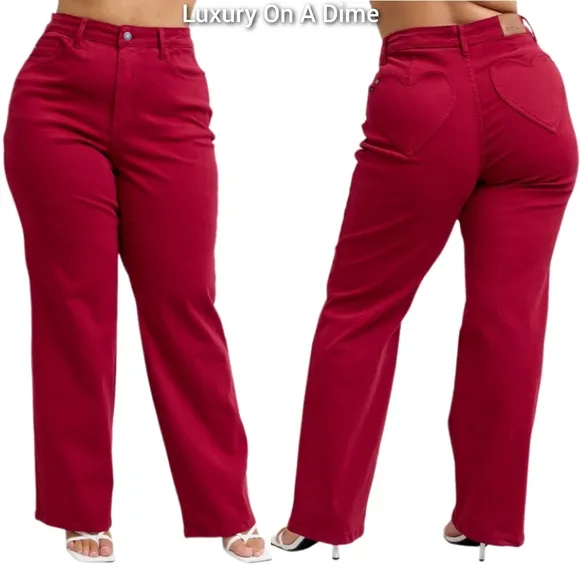 Judy Blue Heart Pocket High-Rise Waist Straight Leg Slim Jeans Red Denim Pants
