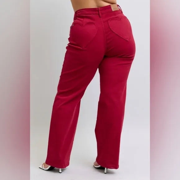 Judy Blue Heart Pocket High-Rise Waist Straight Leg Slim Jeans Red Denim Pants