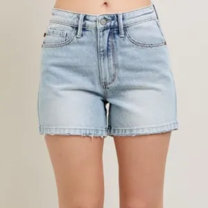 Judy Blue High Rise Denim Relaxed Boyfriend Mid-Length Raw Hem Jean Shorts