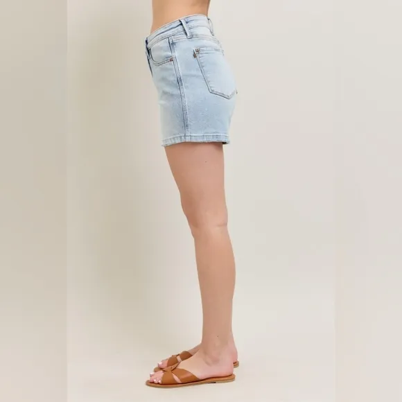 Judy Blue High Rise Denim Relaxed Boyfriend Mid-Length Raw Hem Jean Shorts