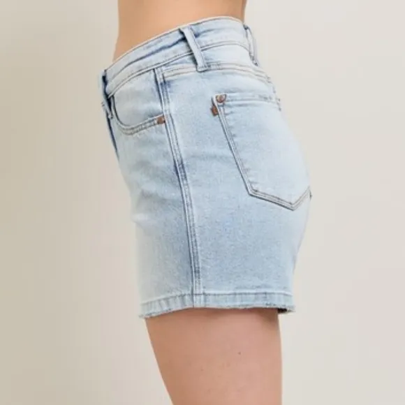 Judy Blue High Rise Denim Relaxed Boyfriend Mid-Length Raw Hem Jean Shorts