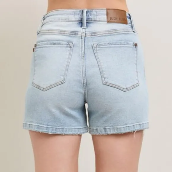 Judy Blue High Rise Denim Relaxed Boyfriend Mid-Length Raw Hem Jean Shorts