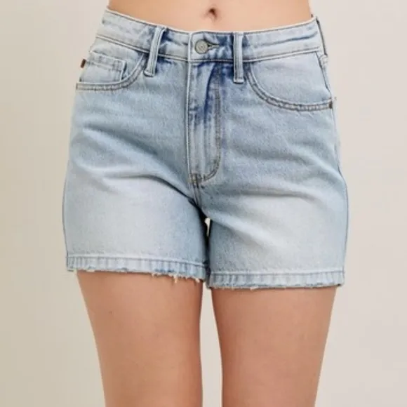 Judy Blue High Rise Denim Relaxed Boyfriend Mid-Length Raw Hem Jean Shorts
