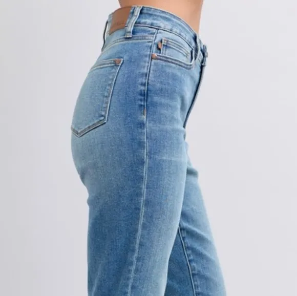 Judy Blue High-Rise Shearling Cuff Boyfriend Fit Jeans Straight Leg Denim Pants